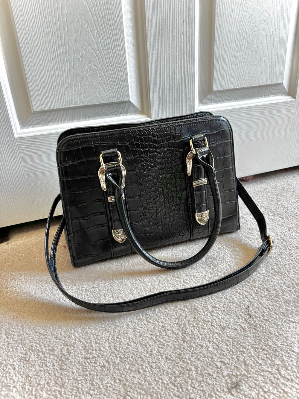 Vintage Style Western Black Crocodile Embossed Faux Leather Handbag